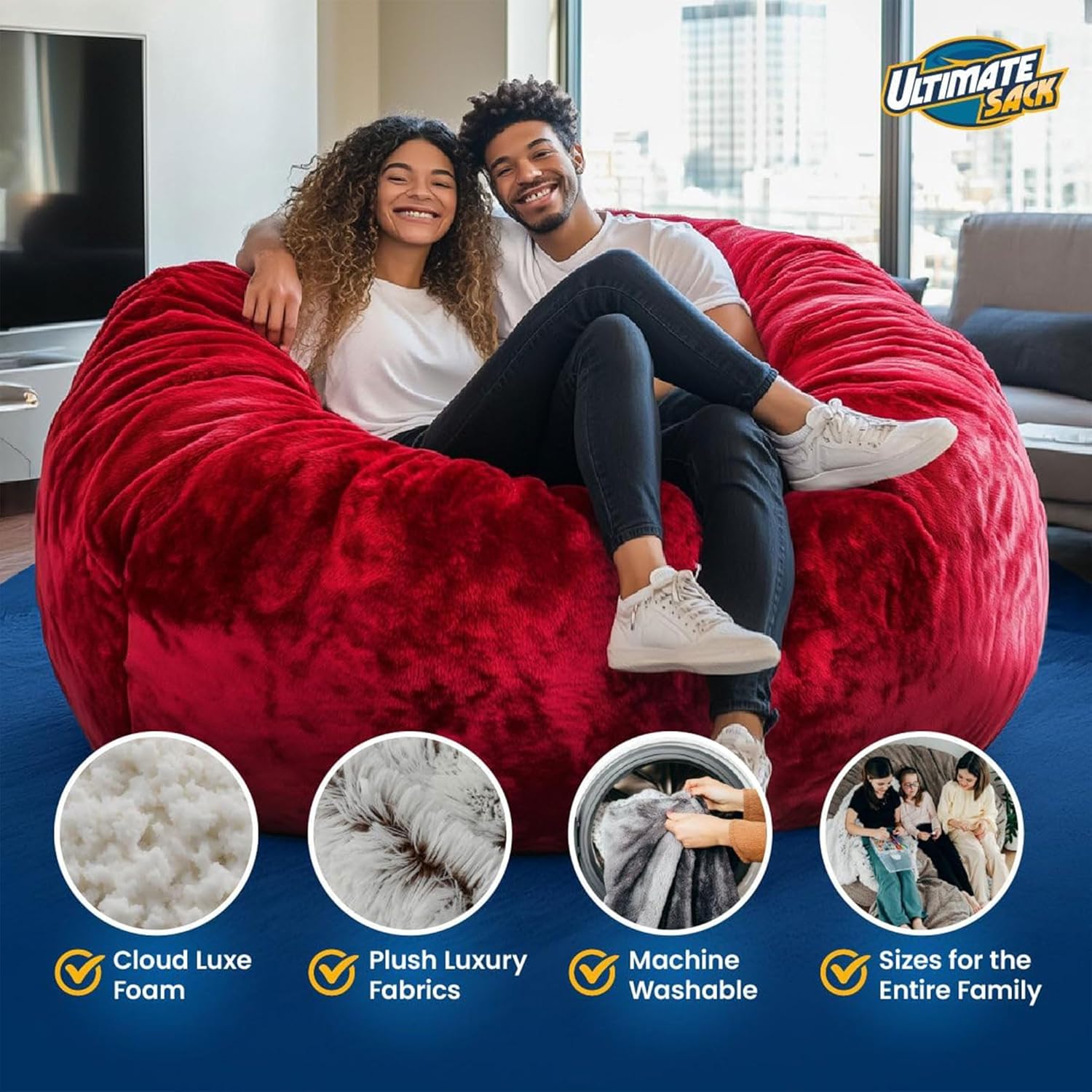 ULTIMATE SACK 6000 6-Foot Bean Bag Chair, Charcoal Fur Cover – Oversized Foam Lounger, Floor Seat, Small Sofa, or Couch Bed for Living Area, Gaming Room, or Reading Lounge