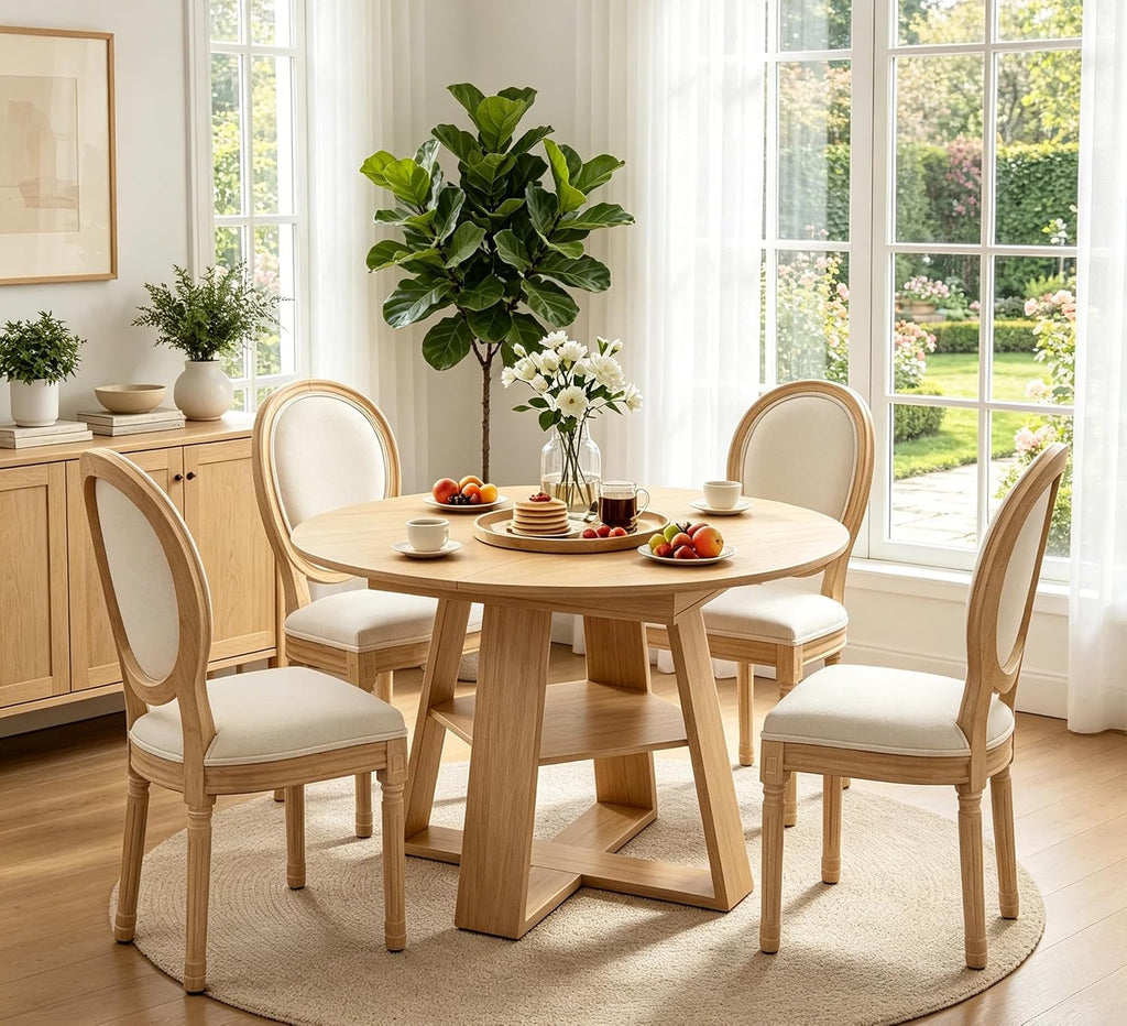 5 Piece Round Extendable Dining Table Set for 4, 43"-59" Natural Wood Oval Expanding Kitchen Table with 4 French Upholstered Chairs, Space Saving Extendable Dining Room Tables with Storage Shelf