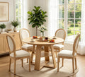 5 Piece Round Extendable Dining Table Set for 4, 43"-59" Natural Wood Oval Expanding Kitchen Table with 4 French Upholstered Chairs, Space Saving Extendable Dining Room Tables with Storage Shelf