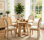 5 Piece Round Extendable Dining Table Set for 4, 43"-59" Natural Wood Oval Expanding Kitchen Table with 4 French Upholstered Chairs, Space Saving Extendable Dining Room Tables with Storage Shelf