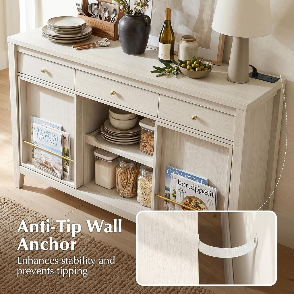 Buffet Cabinet with Storage, Modern Sideboard Cabinet with 3 Drawers, 2 Sliding Doors & Pull-Out Shelf, Coffee Bar Cabinet with Charging Station, White