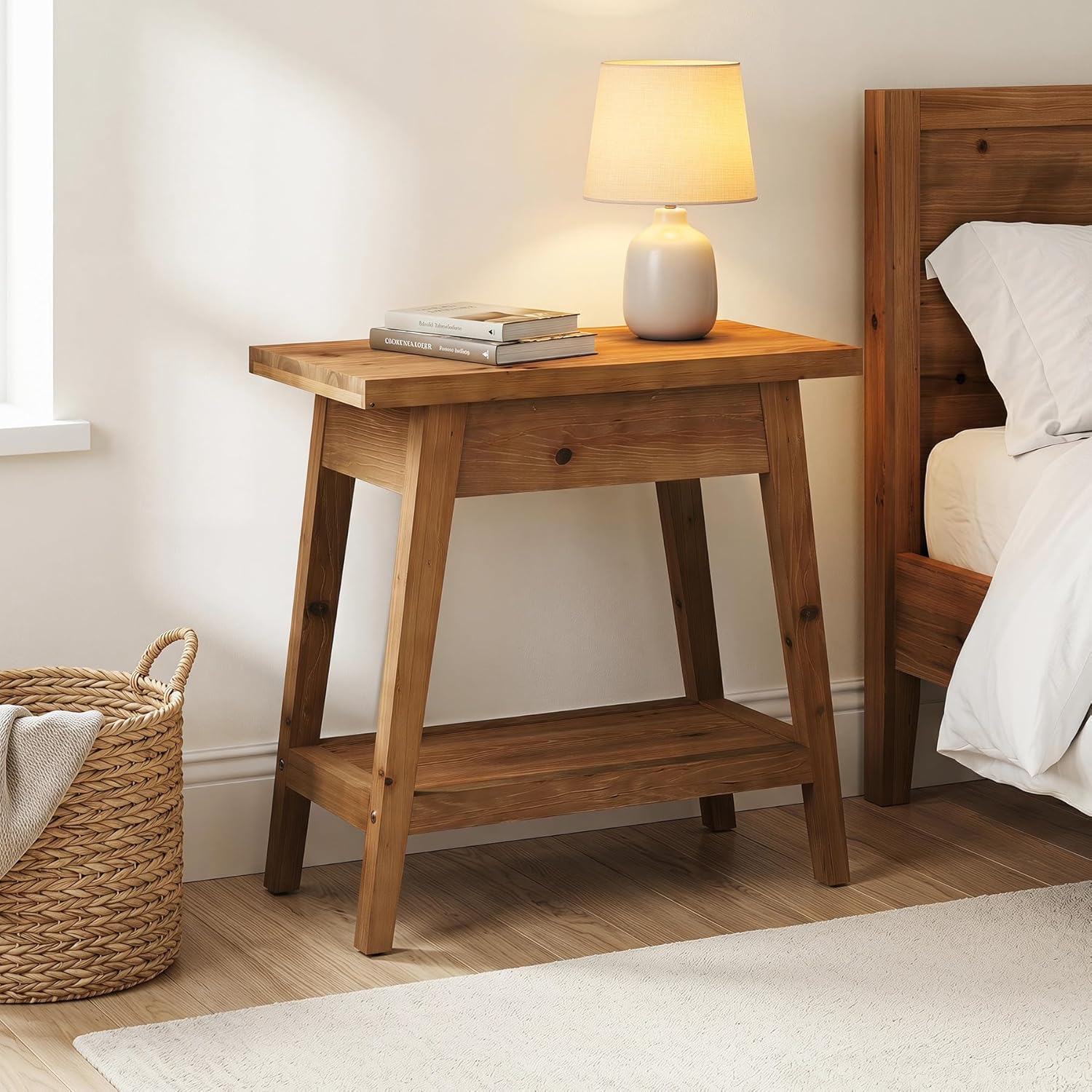 End Table for Living Room, 2-Tier Solid Wood Side Table with Storage, Farmhouse Rectangle Nightstand for Bedroom, Living Room, Small Spaces (Natural Brown) (1)