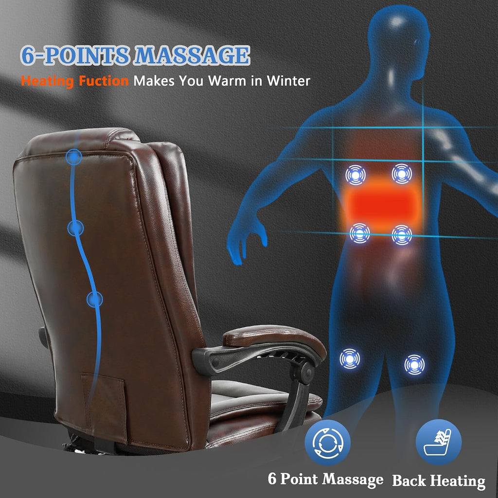 NOBLEMOOD 6-Point Massage Office Chair, Big and Tall Executive Office Desk Chair with Heating Function, PU Leather Ergonomic Office Chair with Footrest, Adjustable Height & Reclining Backrest