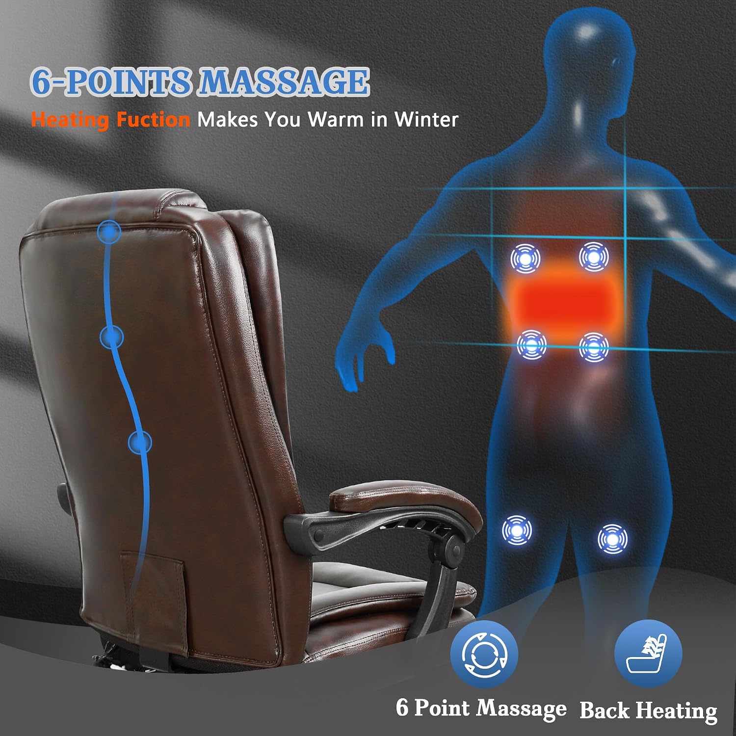 NOBLEMOOD 6-Point Massage Office Chair, Big and Tall Executive Office Desk Chair with Heating Function, PU Leather Ergonomic Office Chair with Footrest, Adjustable Height & Reclining Backrest