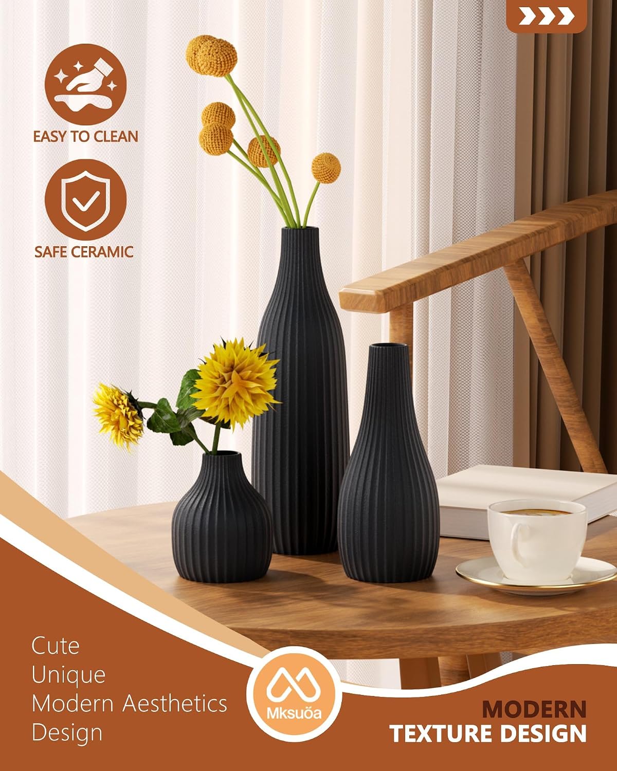 Decorative Flower Vase Set of 3 - Modern Boho Style Black Vases, Ribbed Textures Ceramic Vase for Home Decor Shelf Bookshelf Mantle TV Stand Entryway Console, Dining Table Centerpiece Decor