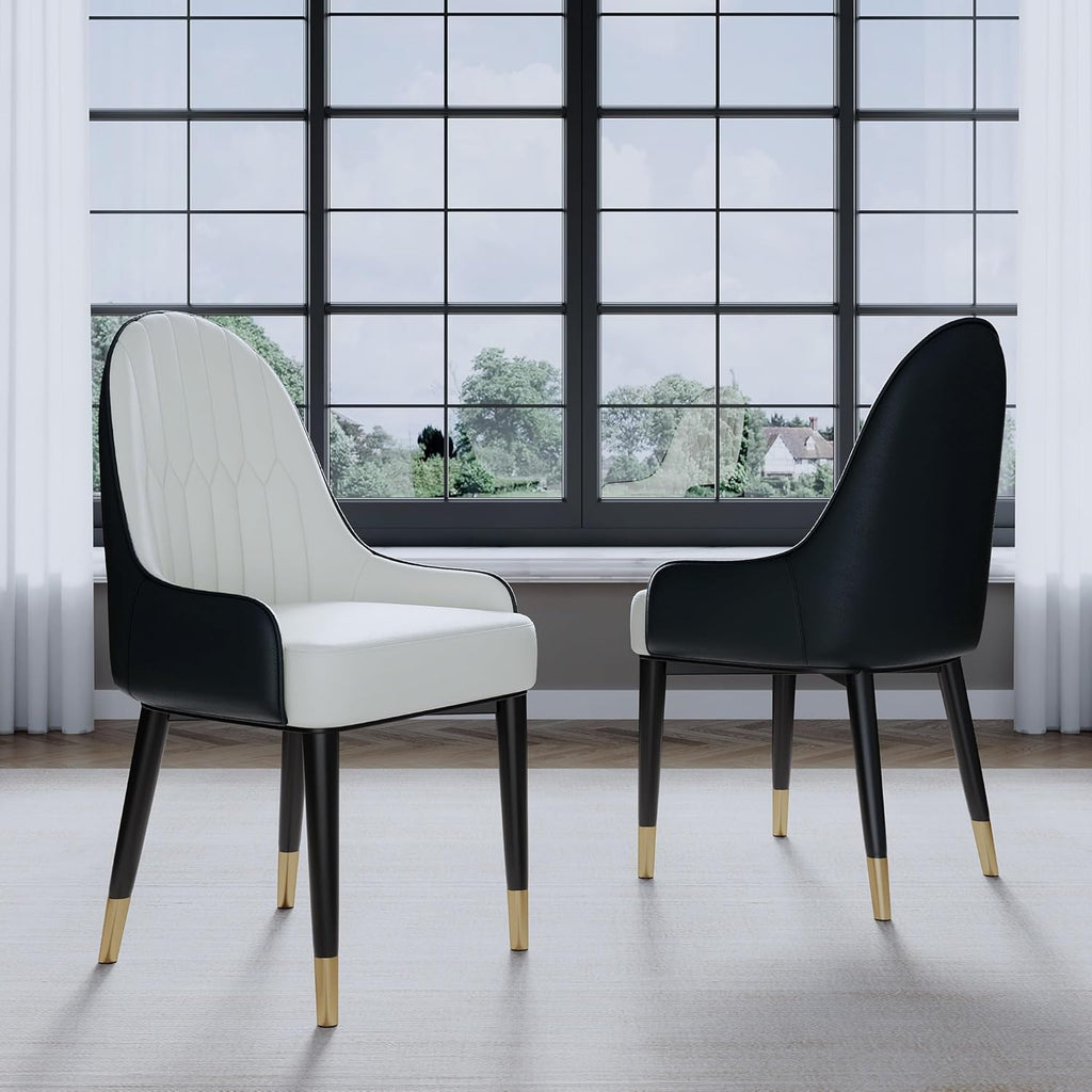 AF ARTISAN FURNITURE Black White Dining Chairs Set of 2 with High Backs Mid Century Modern Kitchen Dining Room Chairs PU Faux Leather Upholstered Large Padded Accent Chair with Legs