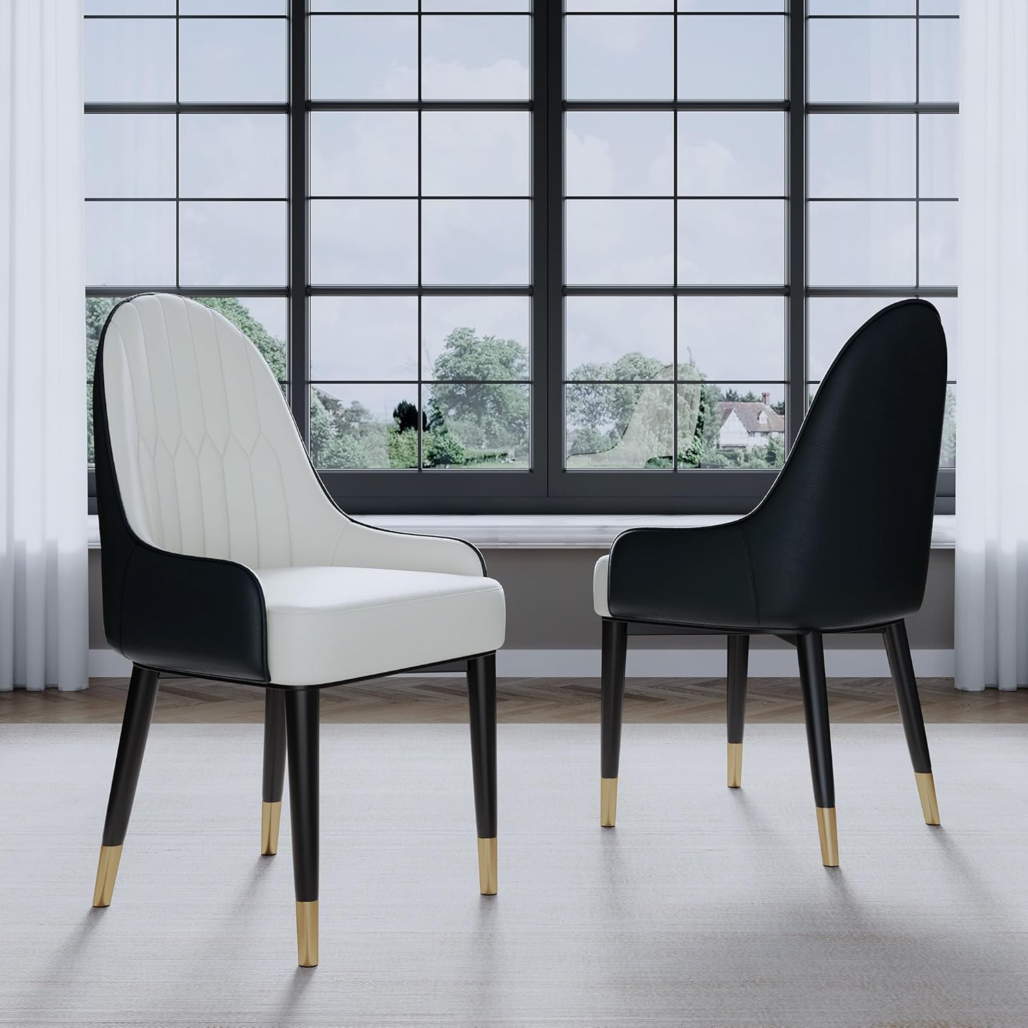 AF ARTISAN FURNITURE Black White Dining Chairs Set of 2 with High Backs Mid Century Modern Kitchen Dining Room Chairs PU Faux Leather Upholstered Large Padded Accent Chair with Legs