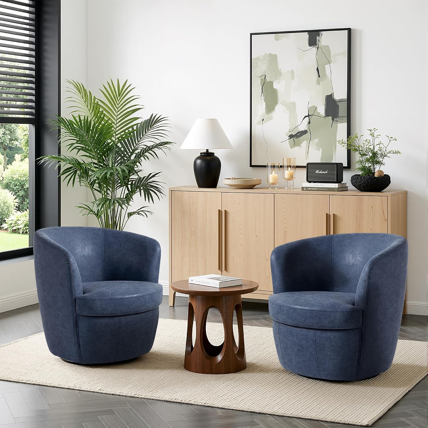 Swivel Accent Chair, Faux Leather Barrel Chair Upholstered Armchair for Living Room, Modern Round Arm Club Chair with Metal Base - Navy Blue, Set of 1