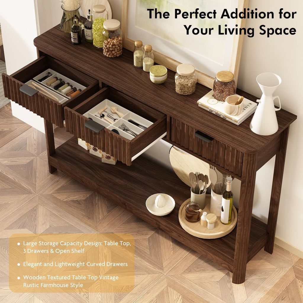 RUSTOWN Fluted Wood Console Table with 3 Drawers, 47.2" Boho Entryway Table | Narrow Behind Couch Sofa Table, Open Storage Shelf, Curved legs, 2 Tier Modern Farmhouse Hallway Table for Living Room, Foyer