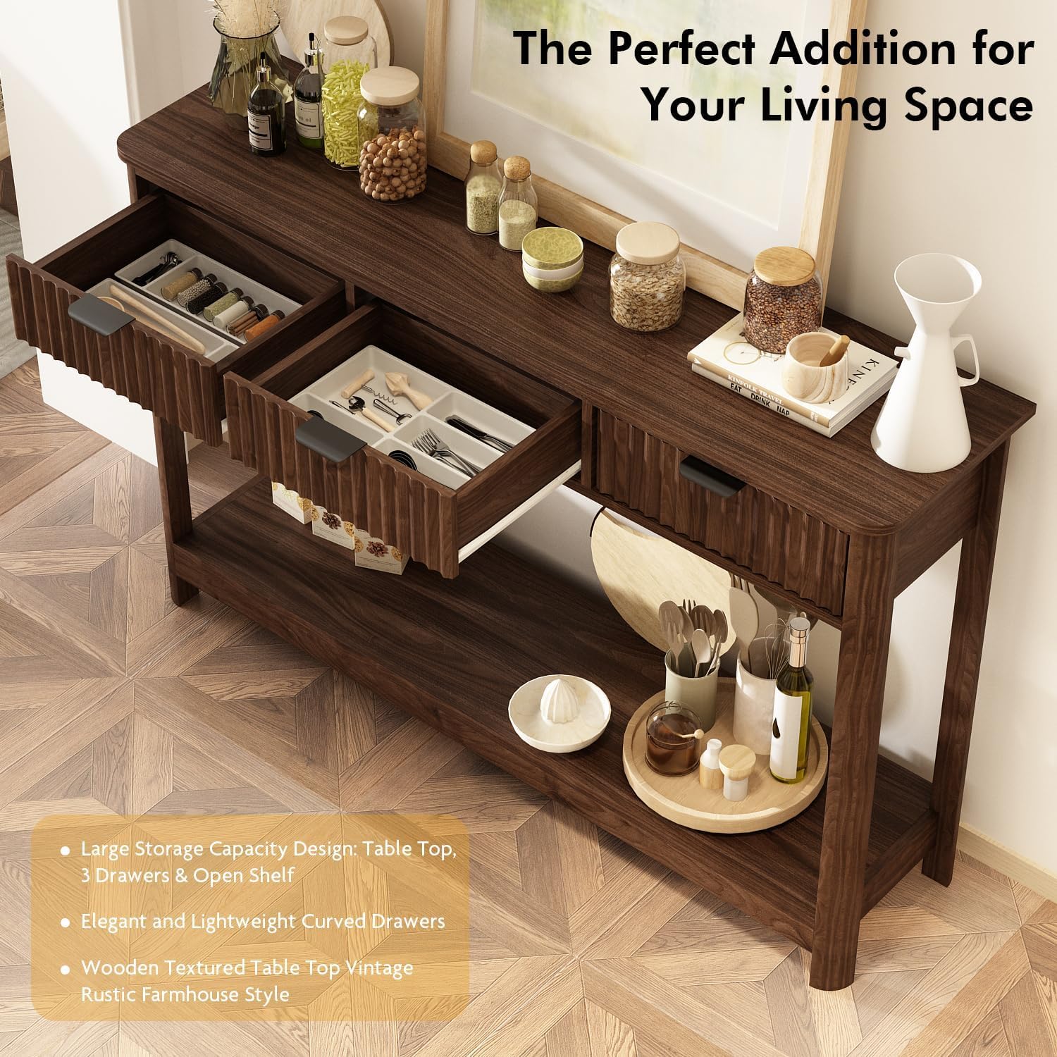 RUSTOWN Fluted Wood Console Table with 3 Drawers, 47.2" Boho Entryway Table | Narrow Behind Couch Sofa Table, Open Storage Shelf, Curved legs, 2 Tier Modern Farmhouse Hallway Table for Living Room, Foyer
