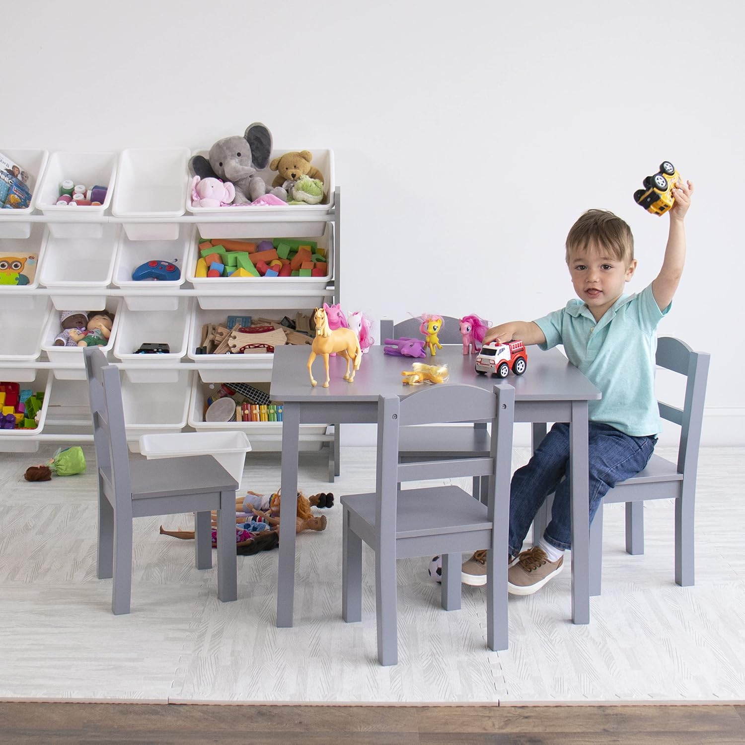 Humble Crew Toddler Table and Chair Set for Kids, Wood Activity Furniture | Sturdy 5 piece playroom or bedroom desk, perfect size for crafts, snacks, homework, and learning, includes 4 matching seats