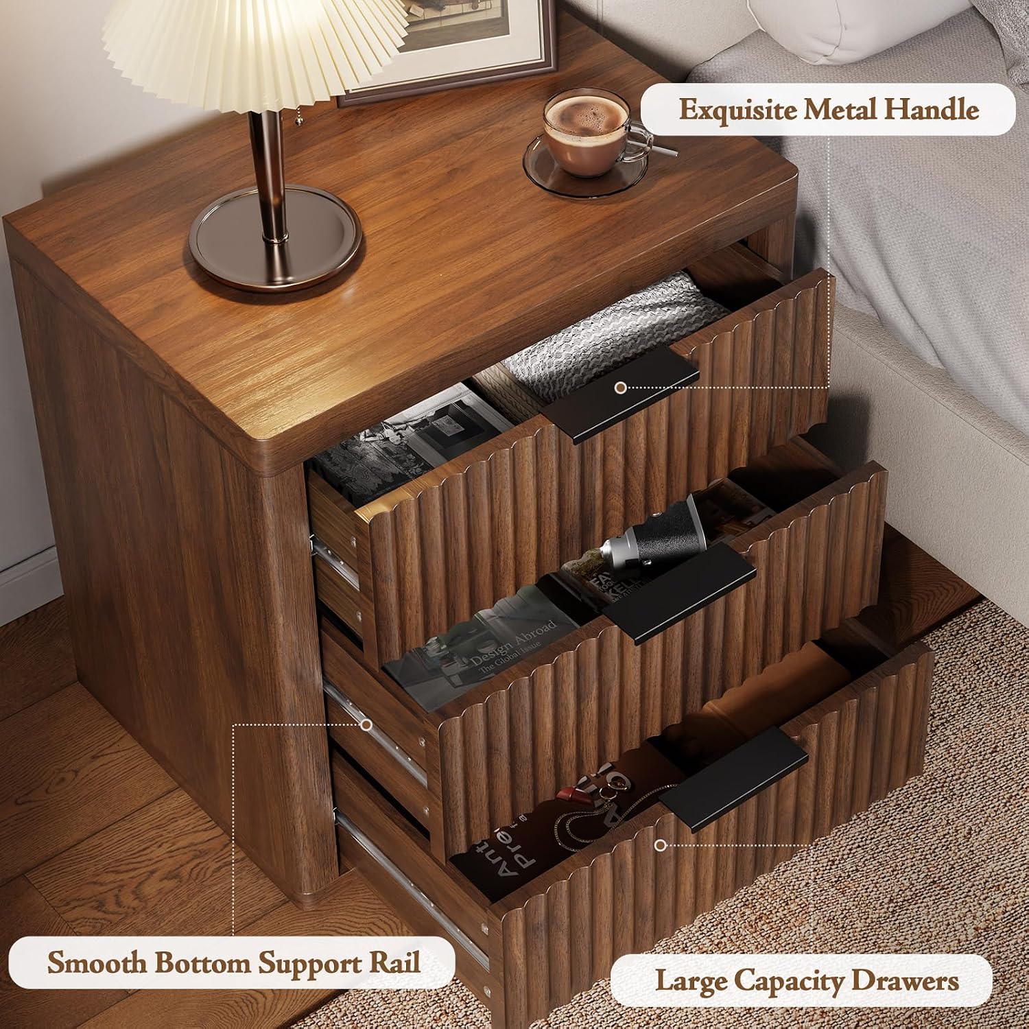 23" Wide Fluted Nightstands Set of 2, Bedroom End Table | Modern Nightstand, Metal Handle, Large Storage Bed Side Table for Bedroom, Living Room, Office, Walnut