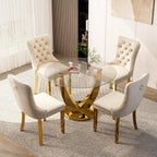 47.2 Inch Round Glass Dining Table Set for 4, Modern Round Dining Room Set with Gold Steel Base & 4 Upholstered Velvet Chairs, Space-Saving Circle Kitchen Table Set for Small Space, Beige