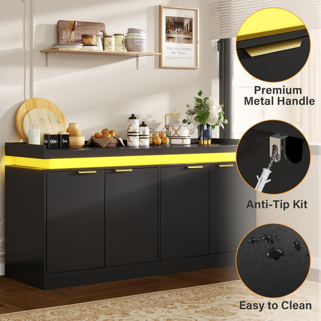 UNIQUITE 63" Sideboard Buffet Cabinet, Kitchen Buffet Cabinet Storage Cabinets with Power Outlets & LED Light, Modern Sideboard Coffee Bar Buffet Cabinets for Kitchen, Dinning, Living Room
