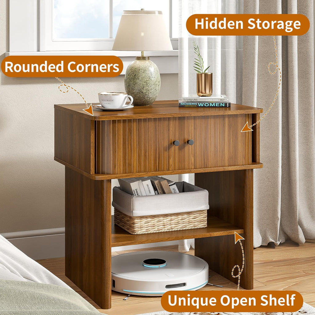 Fluted Nightstand Set of 2, Walnut End Table with Sliding Doors, Bedside Table Mid Century Modern with Open Shelf, Large Night Stand for Bedroom, Living Room, Space Saving