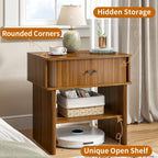 Fluted Nightstand Set of 2, Walnut End Table with Sliding Doors, Bedside Table Mid Century Modern with Open Shelf, Large Night Stand for Bedroom, Living Room, Space Saving