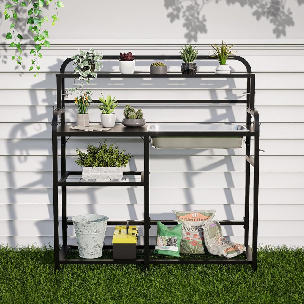 Outdoor Potting Bench Table with Sink & Storage, Heavy Duty Metal Gardening Workbench, 4-Tier Garden Potting Station with Hooks, Adjustable Height Planting Table for Patio Lawn Backyard, Black