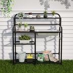 Outdoor Potting Bench Table with Sink & Storage, Heavy Duty Metal Gardening Workbench, 4-Tier Garden Potting Station with Hooks, Adjustable Height Planting Table for Patio Lawn Backyard, Black