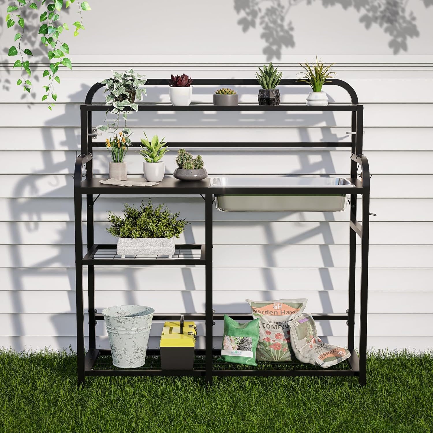 Outdoor Potting Bench Table with Sink & Storage, Heavy Duty Metal Gardening Workbench, 4-Tier Garden Potting Station with Hooks, Adjustable Height Planting Table for Patio Lawn Backyard, Black