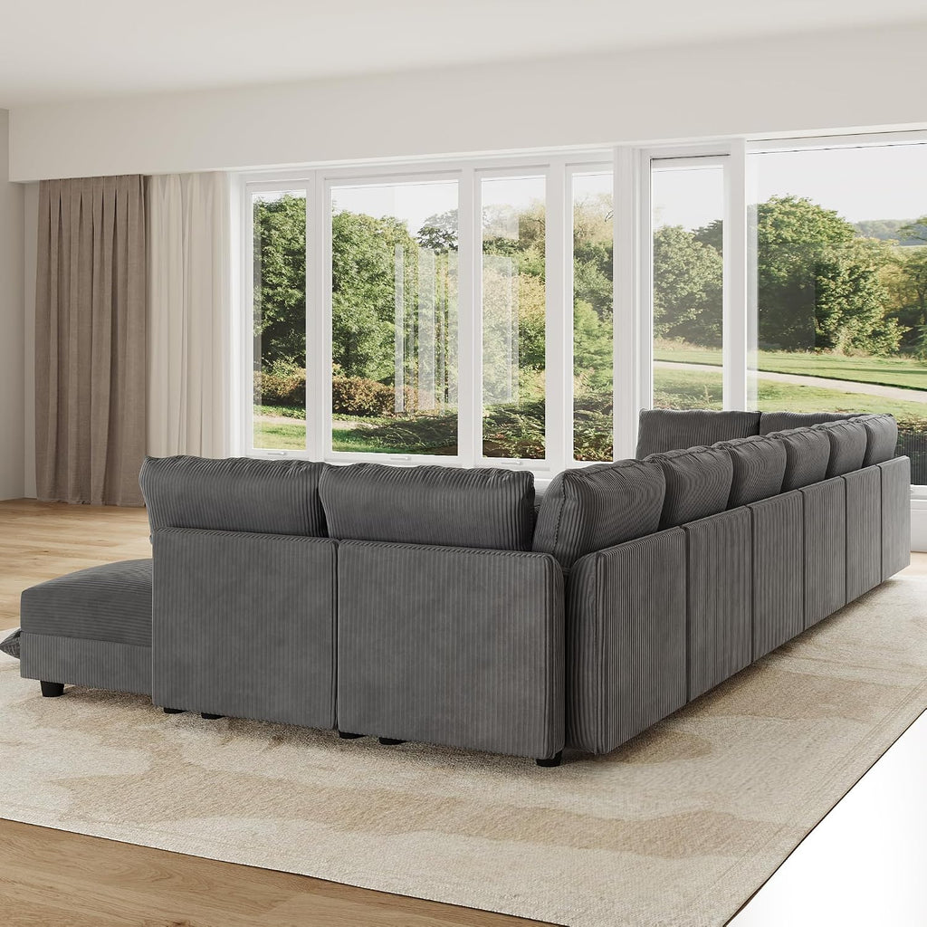 LLappuil 10 Seater Sectional Sofa with Storage, U Shaped Corduroy Modular Couch with 10 Throw Pillows, Convertible Pet-Friendly Sofas for Living Room & Large Space, Reconfigurable, Grey