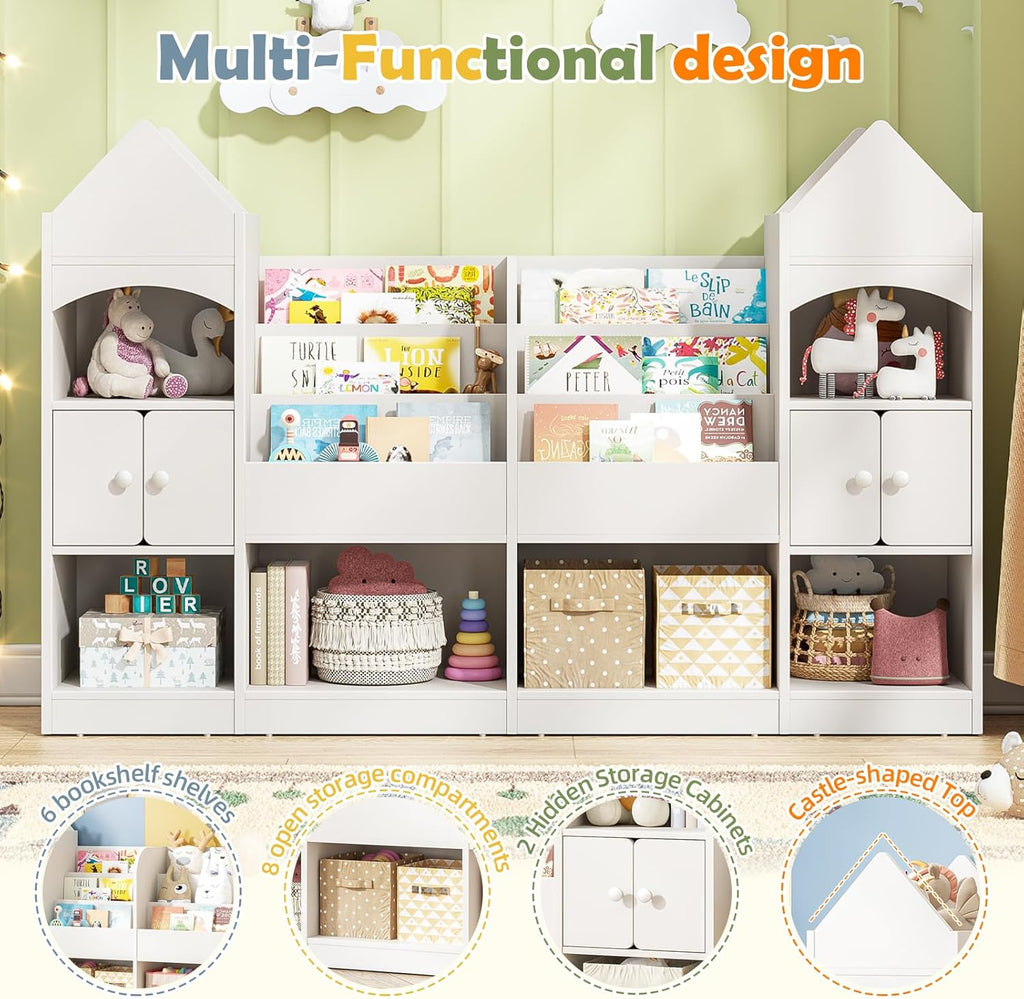 Halitaa Castle Shape Children's Bookshelf, Kids Bookcase Display Case Kids Toy Storage Organizer Multifunctional Storage Cabinet Bookshelf Suitable for Playroom, Children's Room, Living Room, White