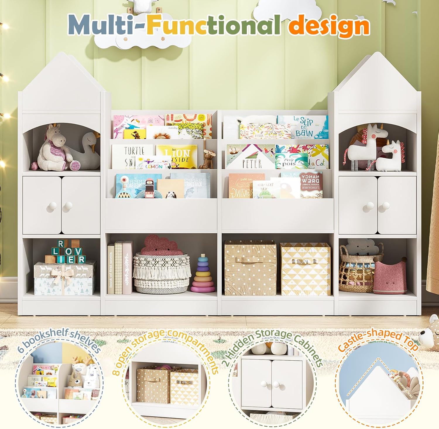 Halitaa Castle Shape Children's Bookshelf, Kids Bookcase Display Case Kids Toy Storage Organizer Multifunctional Storage Cabinet Bookshelf Suitable for Playroom, Children's Room, Living Room, White