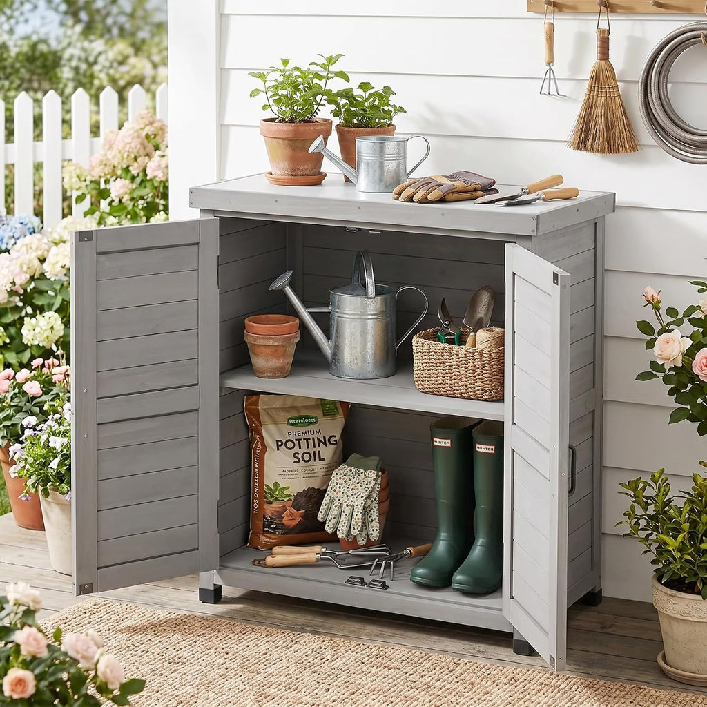 Potting Bench with Storage Cabinet and Metal Table Top for Outdoor Patio, Garden Furniture Wood Workstation (Grey, 31x17x36‘’)