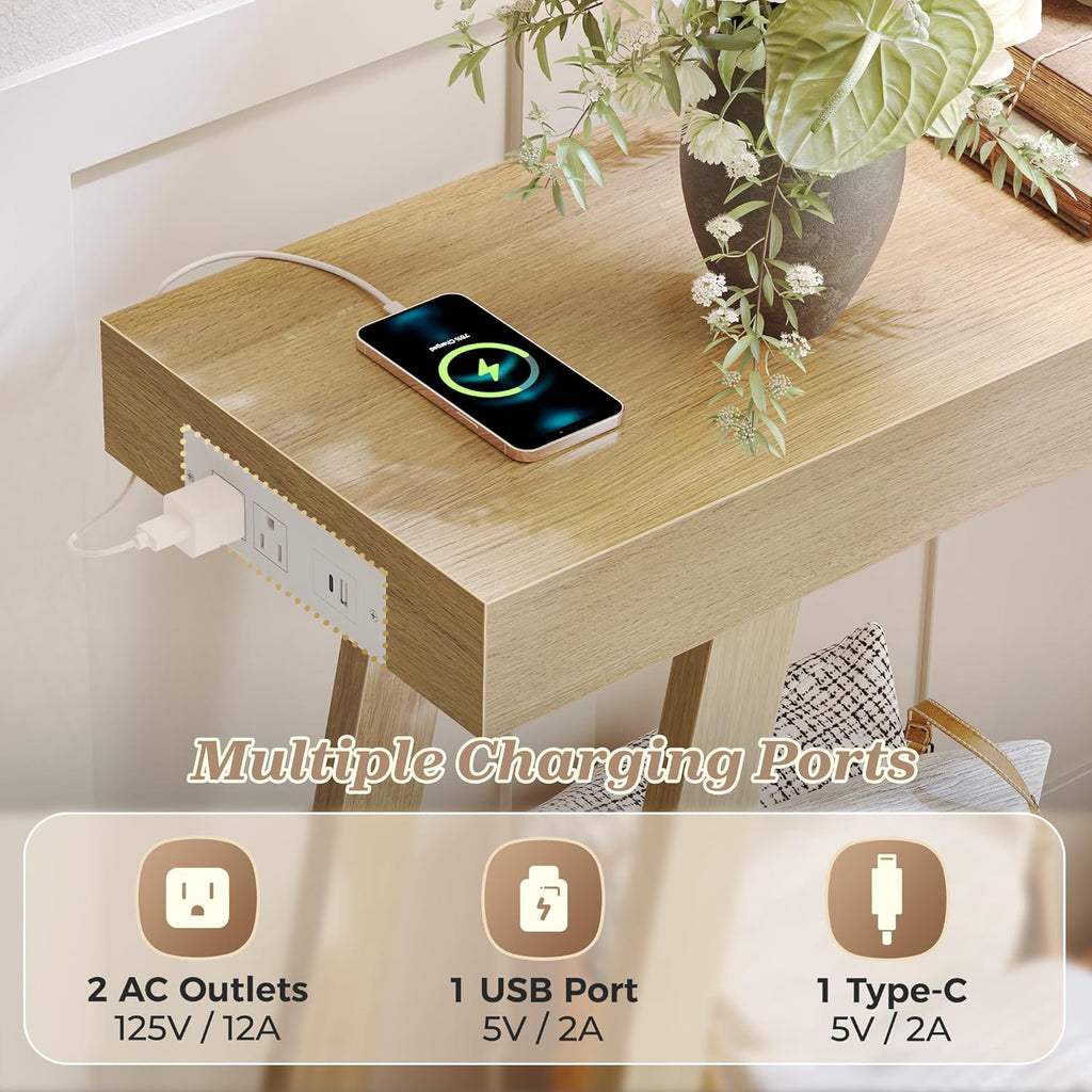 Huuger Console Table with Charging Station, USB-C Port, 2 Tiers Entryway Table, 53.9 Inch Sofa Table with Metal Legs, Entry Hallway Table with Thicker Desktop, Modern Behind Couch Table, Natural