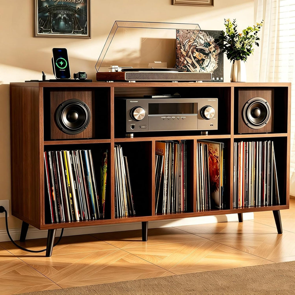 Record Player Stand, Record Stands with Record Storage, Vinyl Record Storage with Charging Station & USB Ports, 500+ Vinyl Large Mid Century Modern Record Player Stand and Album Cabinet