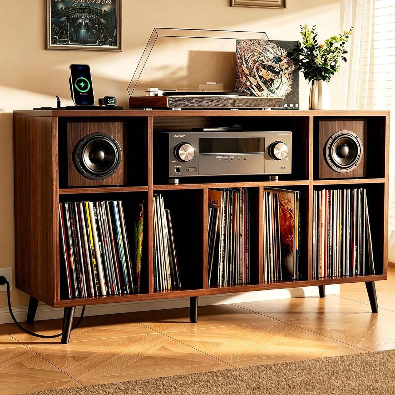 Record Player Stand, Record Stands with Record Storage, Vinyl Record Storage with Charging Station & USB Ports, 500+ Vinyl Large Mid Century Modern Record Player Stand and Album Cabinet