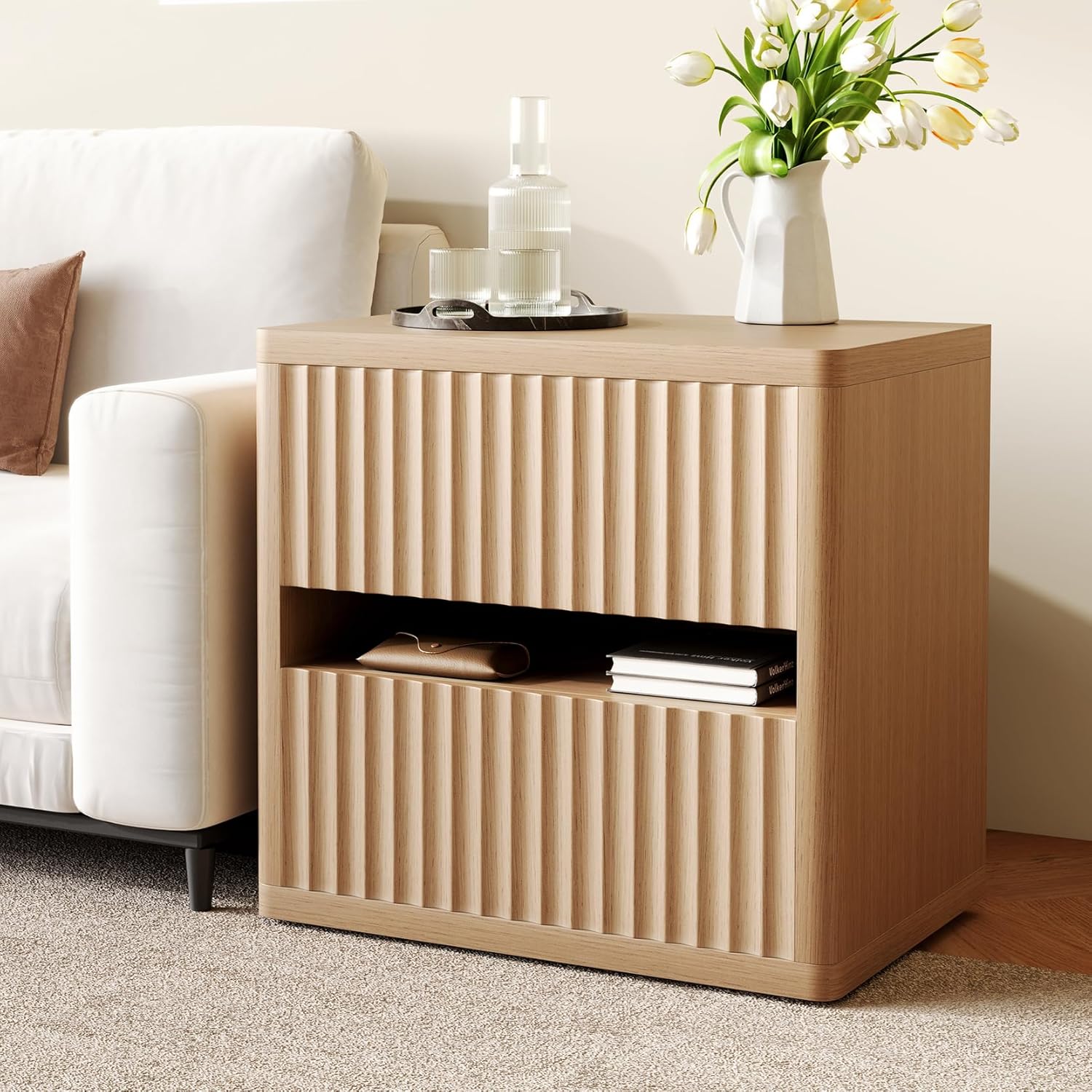 Dripex Fluted Nightstand Set of 2, 22'' Wide Night Stand with 2 Large Drawers, Mid Century Modern Wood Bedside Table with Open Shelf, Large Bed Side End Table for Bedroom, Natural Oak | 22'' Wide Fluted Nightstand, Mid Century Modern Wood Bedside Table