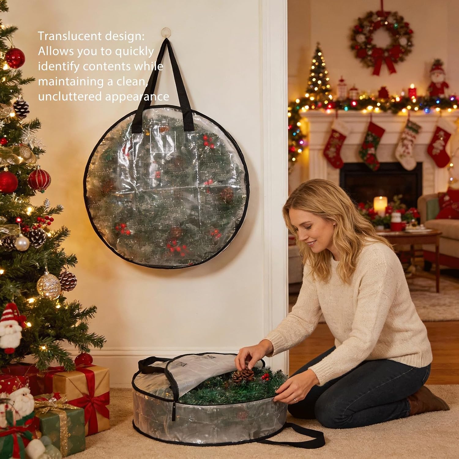 Hayoulabo 2 Pack Clear Christmas Wreath Storage Bags 24 Inch - Waterproof Wreath Container with Dual Zipper and Reinforced Handles for Artificial Wreath, Garland and Holiday Decor Organization