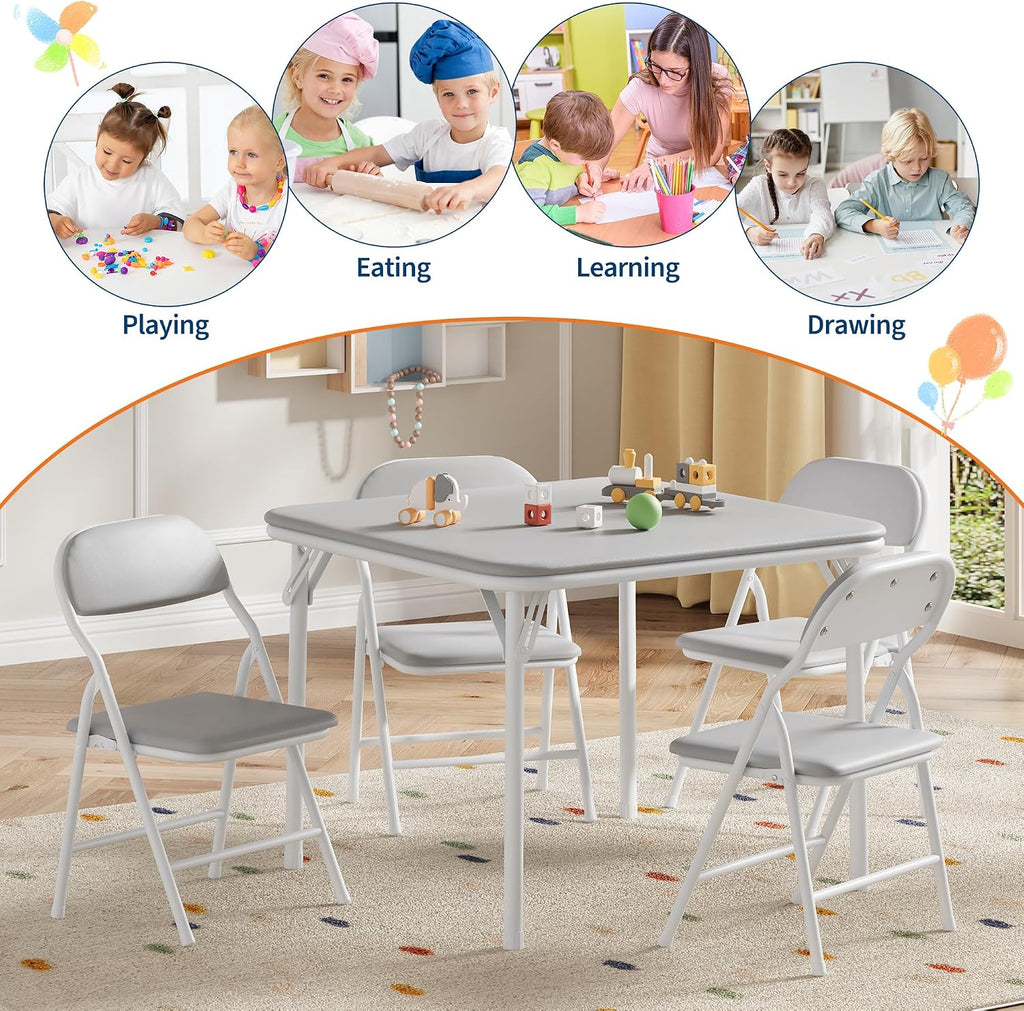 5-Piece Set Kids Folding Table and Chairs Set, Portable No-Assembly Dining Set with PU Cushion, for Boys Girls Eating Reading Playing -Gray