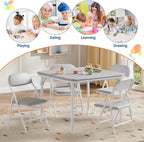 5-Piece Set Kids Folding Table and Chairs Set, Portable No-Assembly Dining Set with PU Cushion, for Boys Girls Eating Reading Playing -Gray