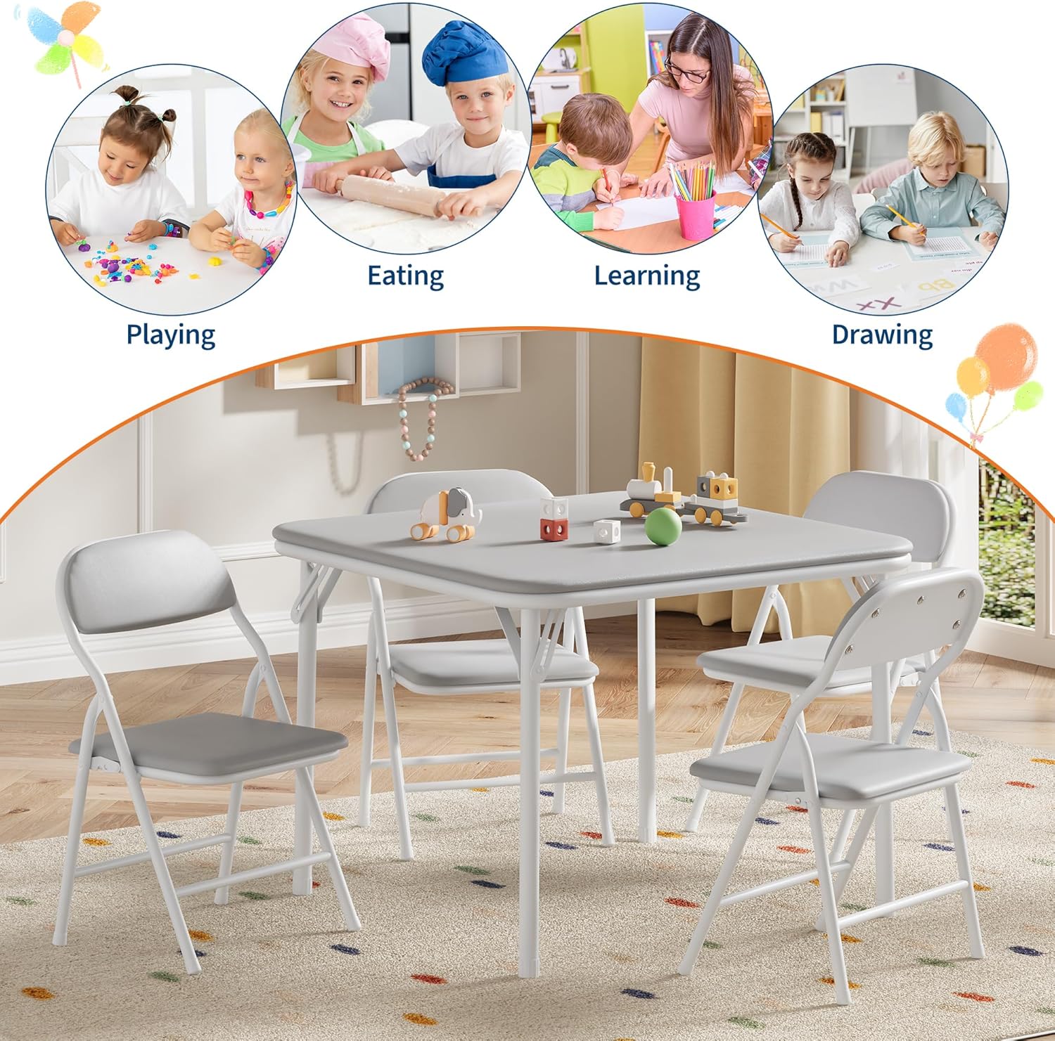 5-Piece Set Kids Folding Table and Chairs Set, Portable No-Assembly Dining Set with PU Cushion, for Boys Girls Eating Reading Playing -Gray