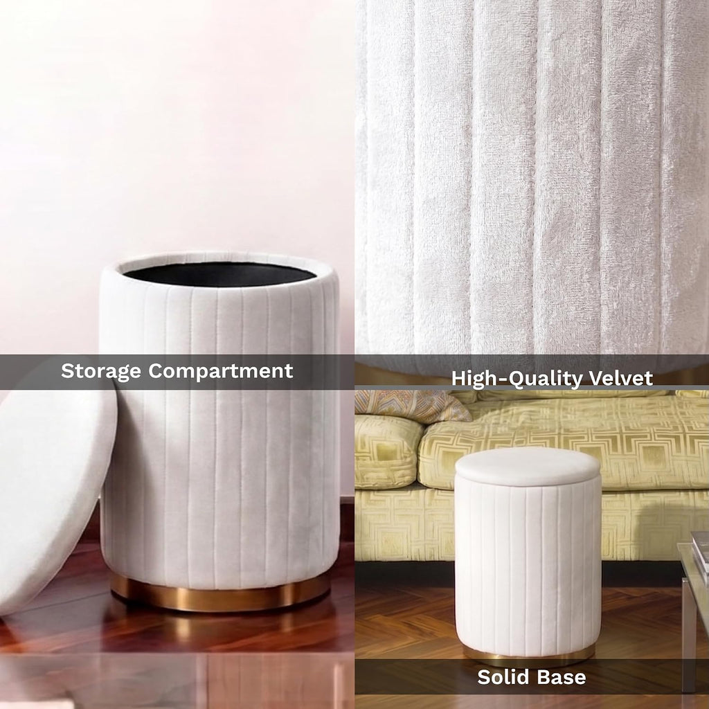 Boahaus Cersei White Velvet Vanity Ottoman with Hidden Storage, Makeup Chair for Vanity Desk, Elegant Foot Rest Stool with Gold Base for Bedroom, Living Room & Dressing Area (Pure White)