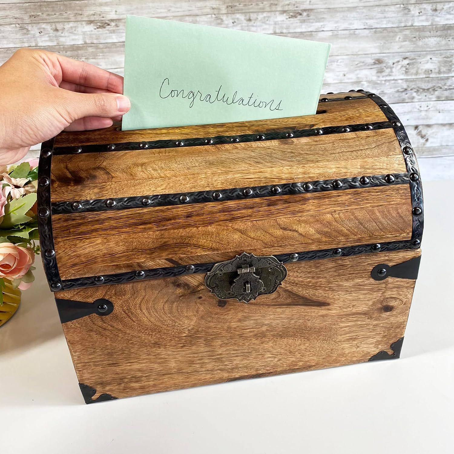 Nautical Cove Wood Treasure Chest with Decorative Rivets and Reinforcing Iron Strips with Lock and Skeleton Keys (Dark Antique, Large 13x10x10) – Wooden Keepsake Box, Pirate Decor, Storage Chest