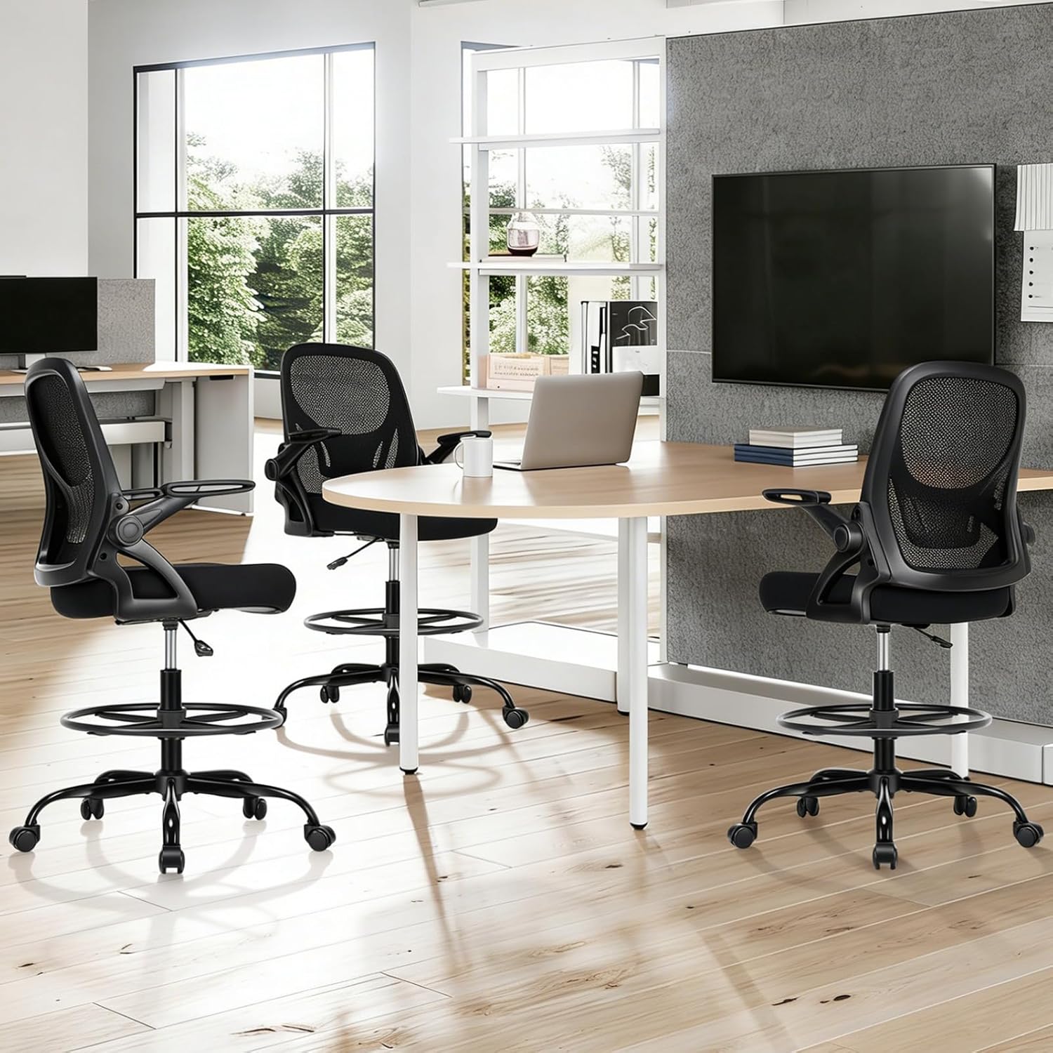 Drafting Chair, Tall Office Chair with Adjustable Footrest Ring, Standing Desk Chair with Flip-Up Armrests, Breathable Mesh High Desk Chair for Counter Height Desk, Black