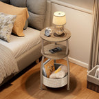 Small Side Table with Storage Basket, Space Saving Round End Table 3-Tier Bedside Corner Stand for Living Room, Bedroom, Garden and More 11.81in Light Oak