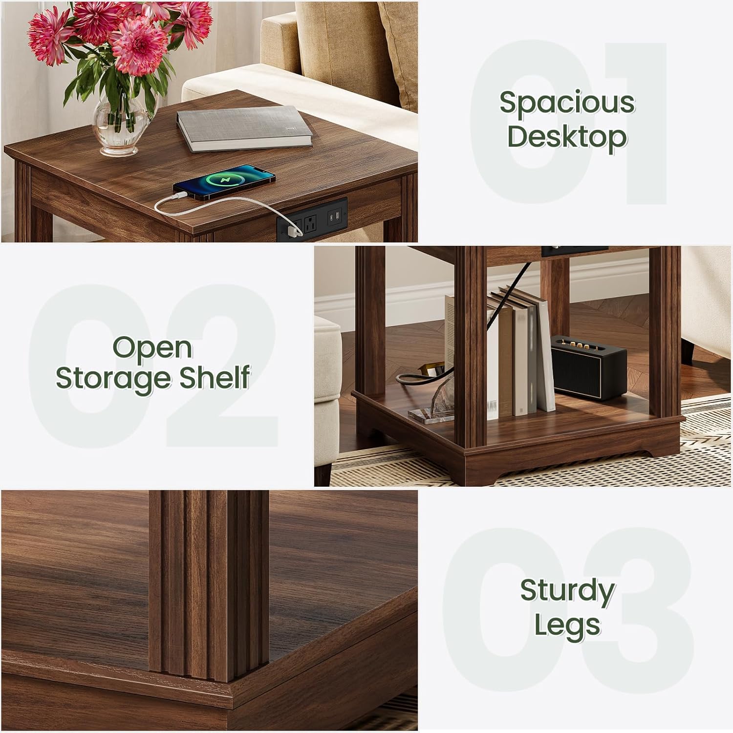 CHOEZON Round Side Table and Farmhouse End Table with Charging Station Bundle, 2-Tier Large Side Table, Square End Table, Skinny Sides Table for Living Room, Bedroom TBZ01BF-MBZ15UHT