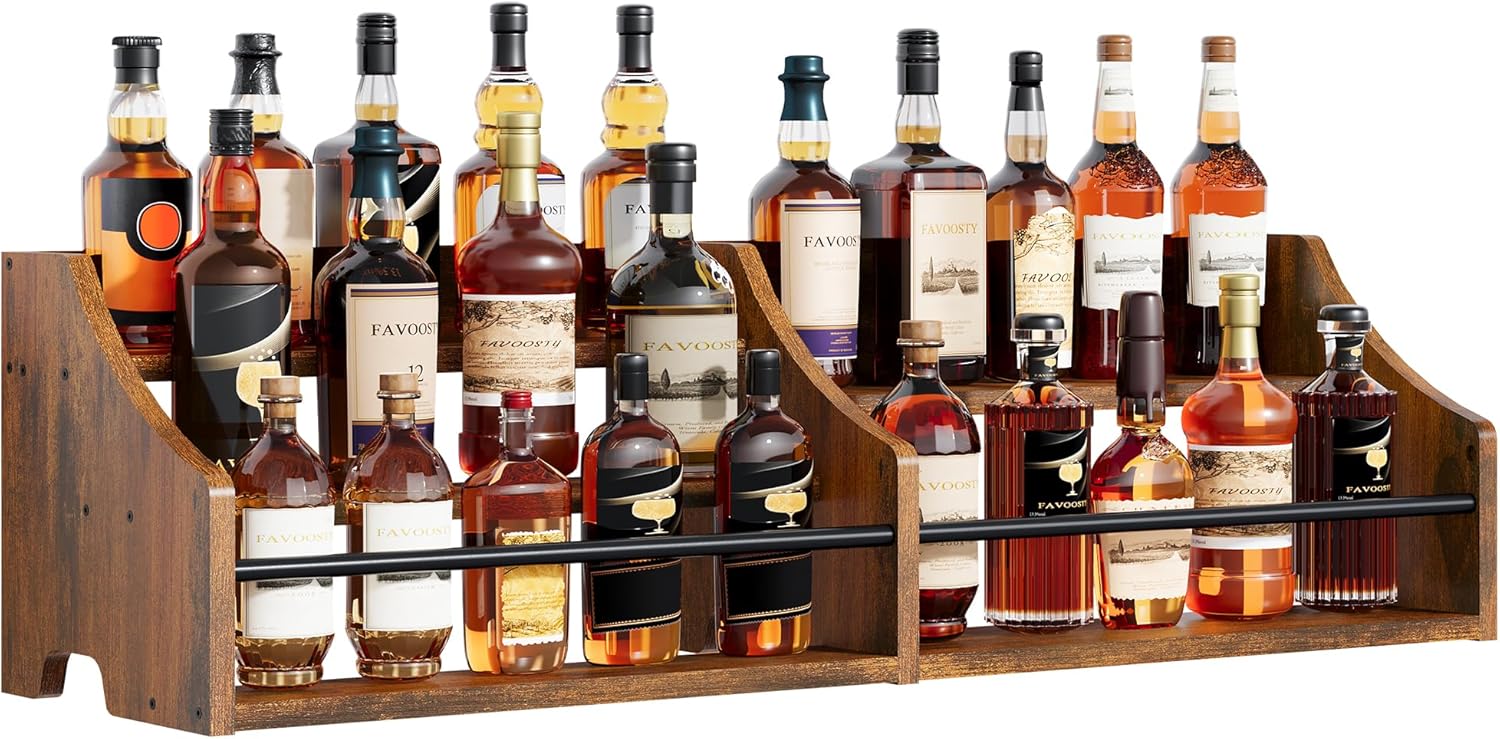 FAVOOSTY 5 Tier Countertop Liquor Bottle Display Shelf Organizer, Retro Tabletop Wine Rack Stand, Storage Holder for Whiskey, Spirits, Coffee Syrup, Mini Home Bar & Liquor Cabinet, Rustic Brown