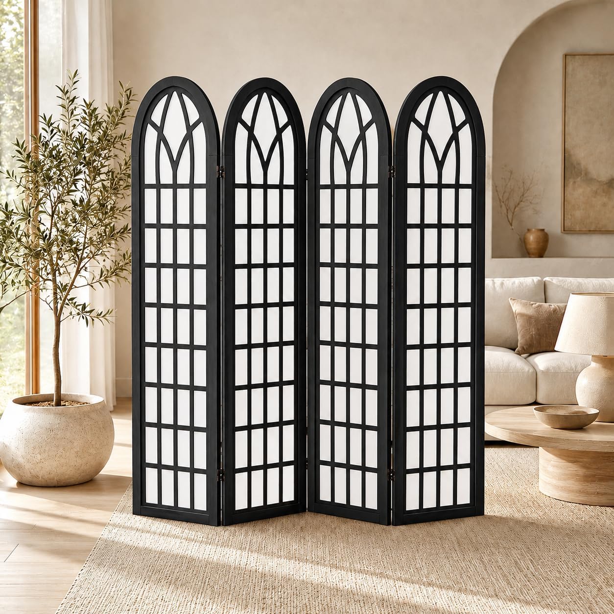 4 Panel Room Divider Screen, Freestanding Shoji Style Privacy Partition with Black Wooden Frame, Decorative Folding Wall Divider for Bedroom, Office, Apartment