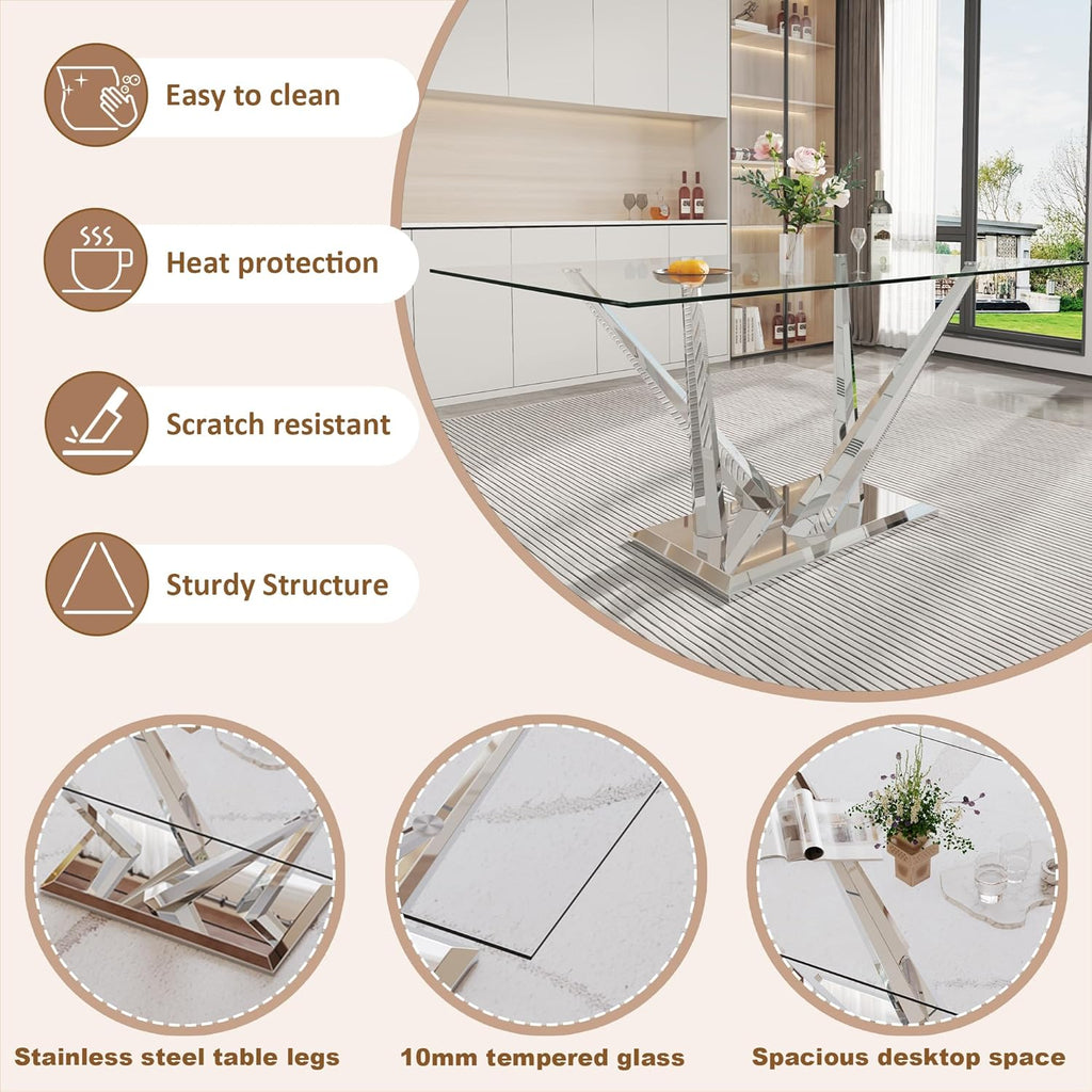 Rectangle Glass Dining Table for 4-6, 62" with Tempered Glass Table Top and Crossed Stainless Steel Base, Modern Kitchen Table for Home, Kitchen, Dining Room, Silver