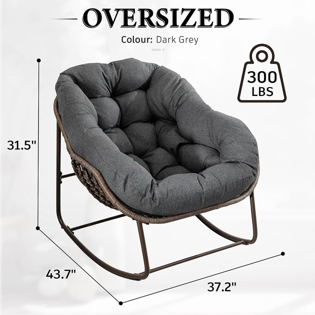 Outdoor Patio Rocking Chair, Oversized Papasan Chair with Cushion and Frame, Comfy Rattan Wicker Egg Chairs Indoor, Modern Lounge Rocker for Front Porch Living Room Bedroom (Dark Grey, Set of 1)