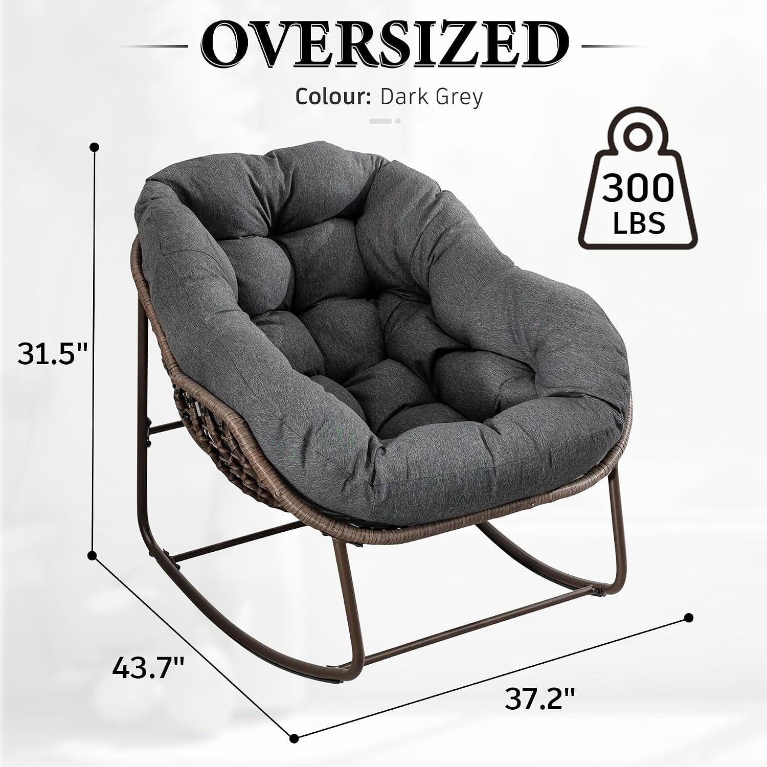 Outdoor Patio Rocking Chair, Oversized Papasan Chair with Cushion and Frame, Comfy Rattan Wicker Egg Chairs Indoor, Modern Lounge Rocker for Front Porch Living Room Bedroom (Dark Grey, Set of 1)