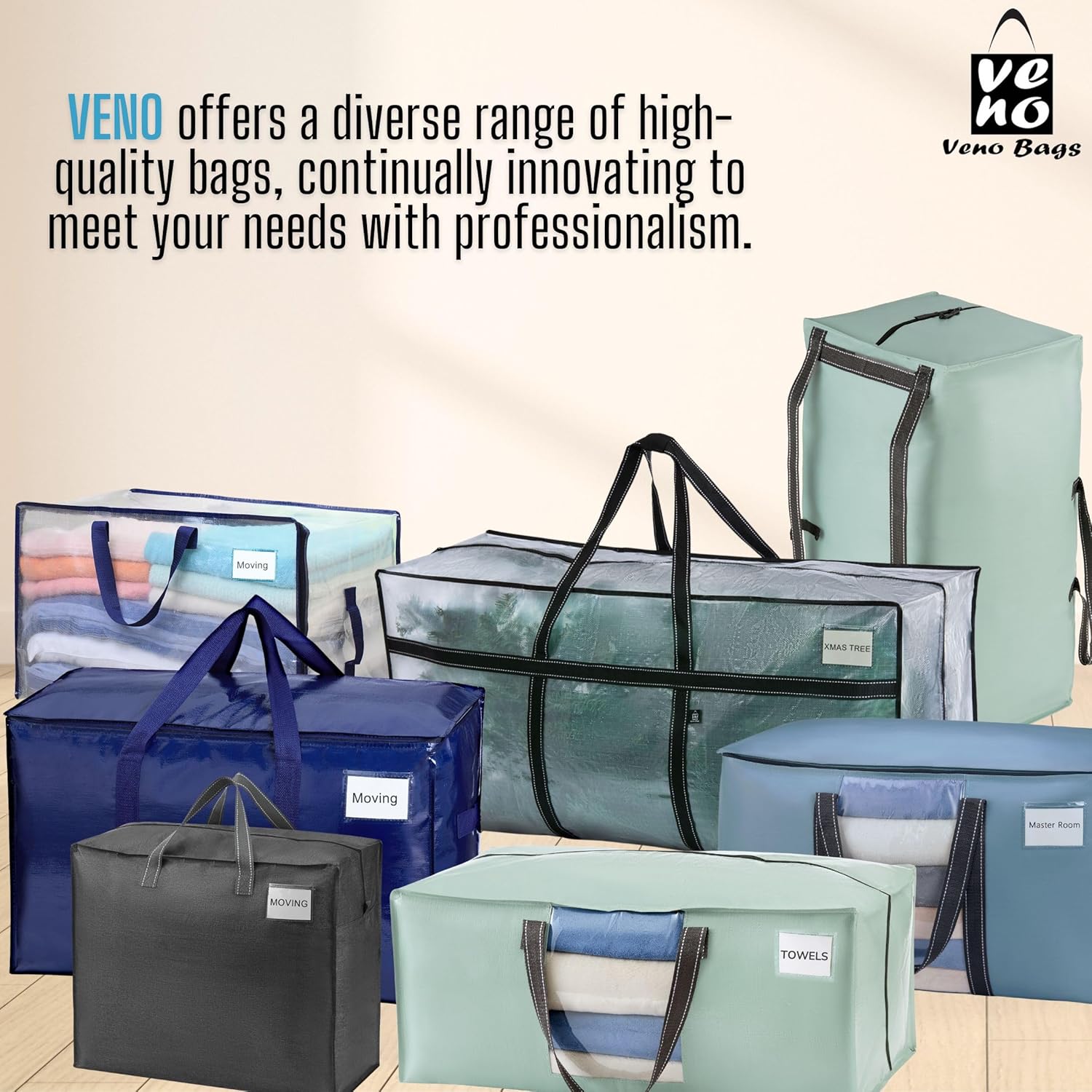 VENO 2 Pack Clear Moving Bags Heavy Duty, 90L Extra Large Transparent Storage Bags, 50lbs Loads, Zippers, Handles & Tag, Moving Boxes Alternative for College Dorm Essentials, Closet