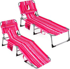 Goplus Tanning Chair, Folding Beach Lounge Chair with Face &Arm Hole, Position Adjustable,Removable Pillow,Side Pocket, Sunbathing Chair, Portable Outdoor Lounge Chair for Patio Pool (2, Pink Stripe)