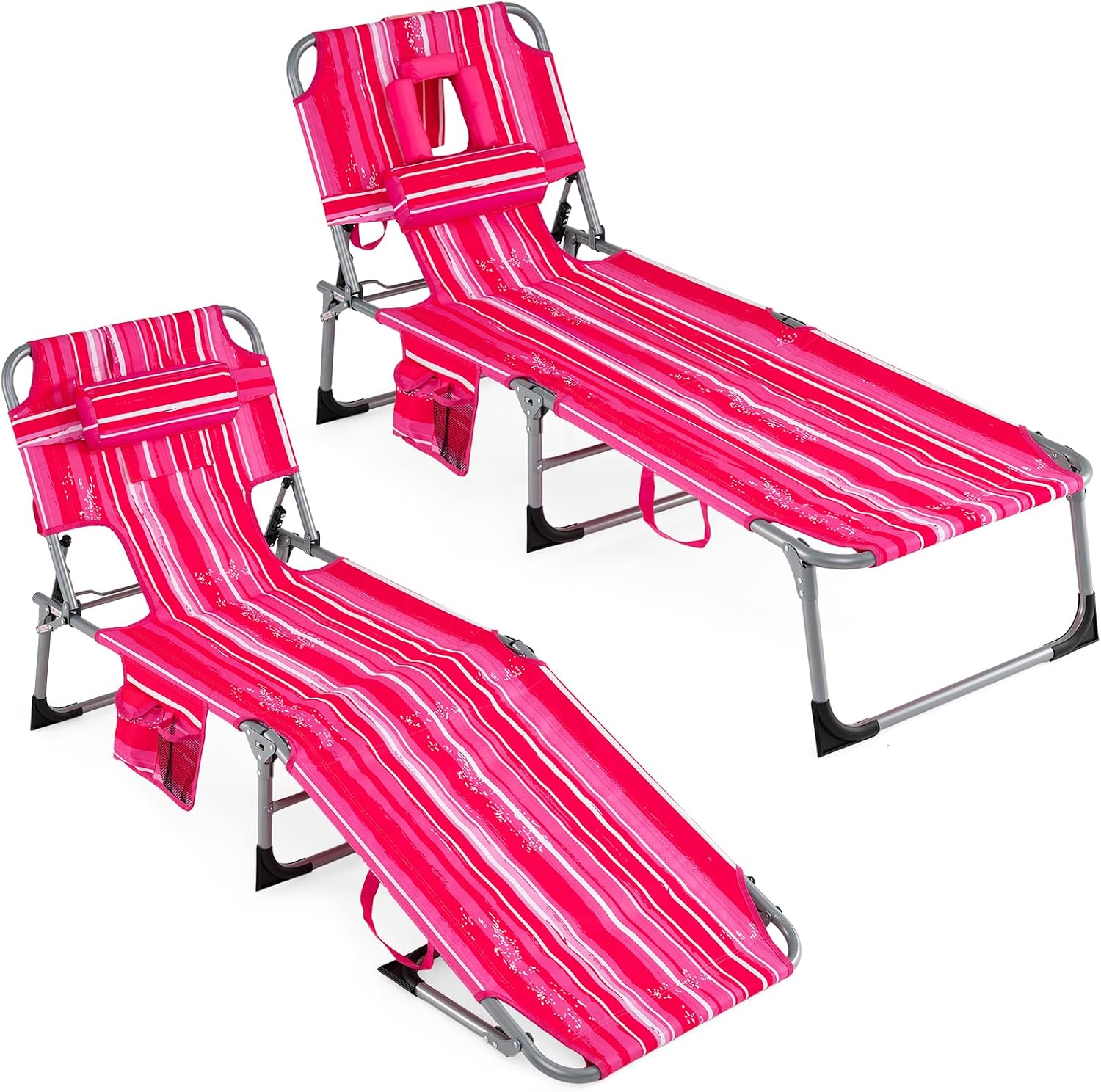 Goplus Tanning Chair, Folding Beach Lounge Chair with Face &Arm Hole, Position Adjustable,Removable Pillow,Side Pocket, Sunbathing Chair, Portable Outdoor Lounge Chair for Patio Pool (2, Pink Stripe)