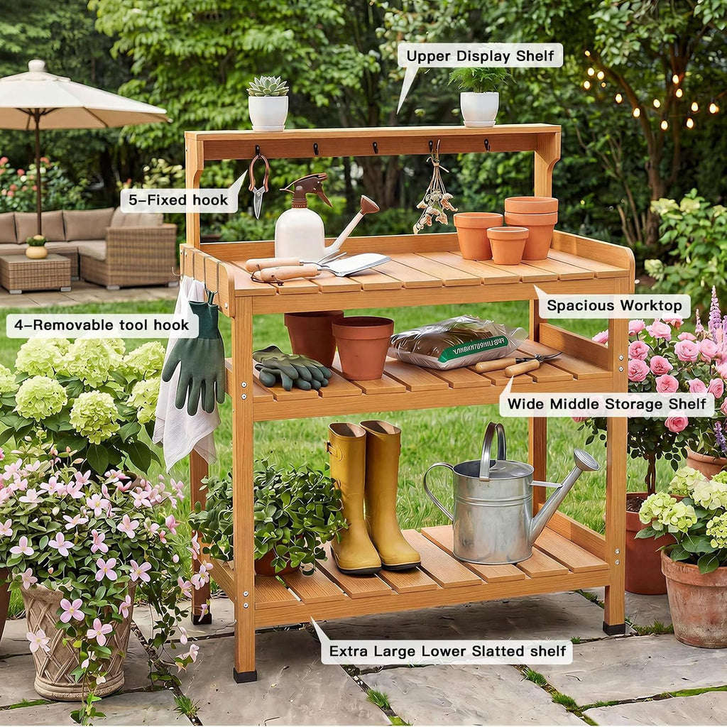 Frogprin Potting Bench for Women Men, HDPS Outdoor Garden Table Workstation with 9 Hooks, 4-Tier Rack, All-Weather Waterproof Workbench for Outside Garden - Teak, Extra-Large, 35.6''X16.5''X45.5''