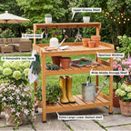 Frogprin Potting Bench for Women Men, HDPS Outdoor Garden Table Workstation with 9 Hooks, 4-Tier Rack, All-Weather Waterproof Workbench for Outside Garden - Teak, Extra-Large, 35.6''X16.5''X45.5''